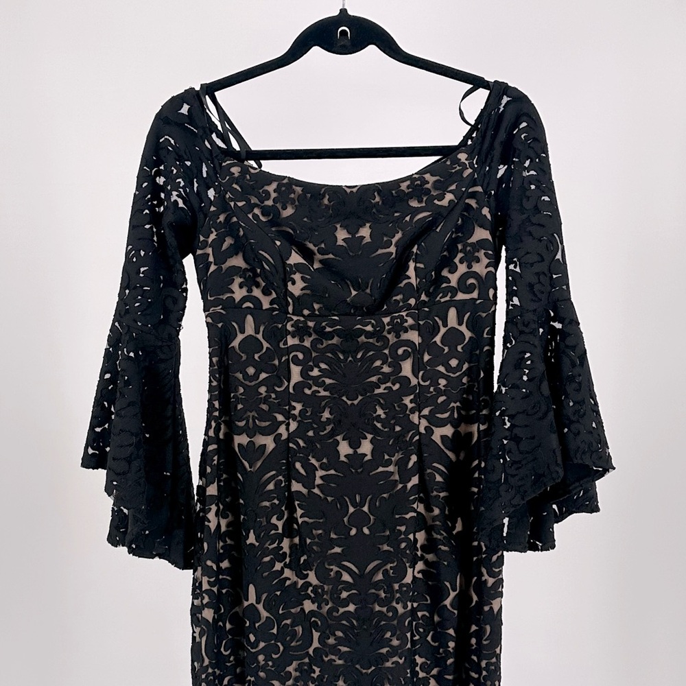 Xscape Dressy Off the Shoulder Black Lace Midi Dress w/ nude lining-size 8